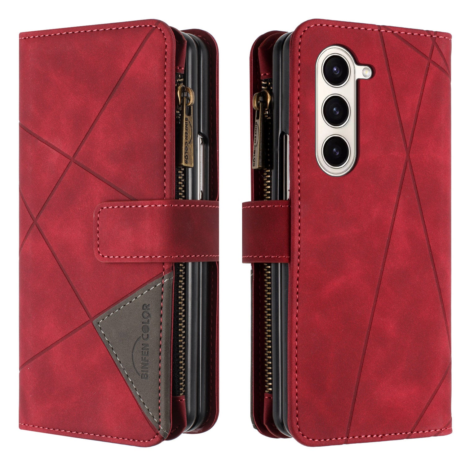 BINFEN COLOR For Samsung Galaxy Z Fold6 5G Case Zipper Pocket Wallet Leather Phone Cover - Red