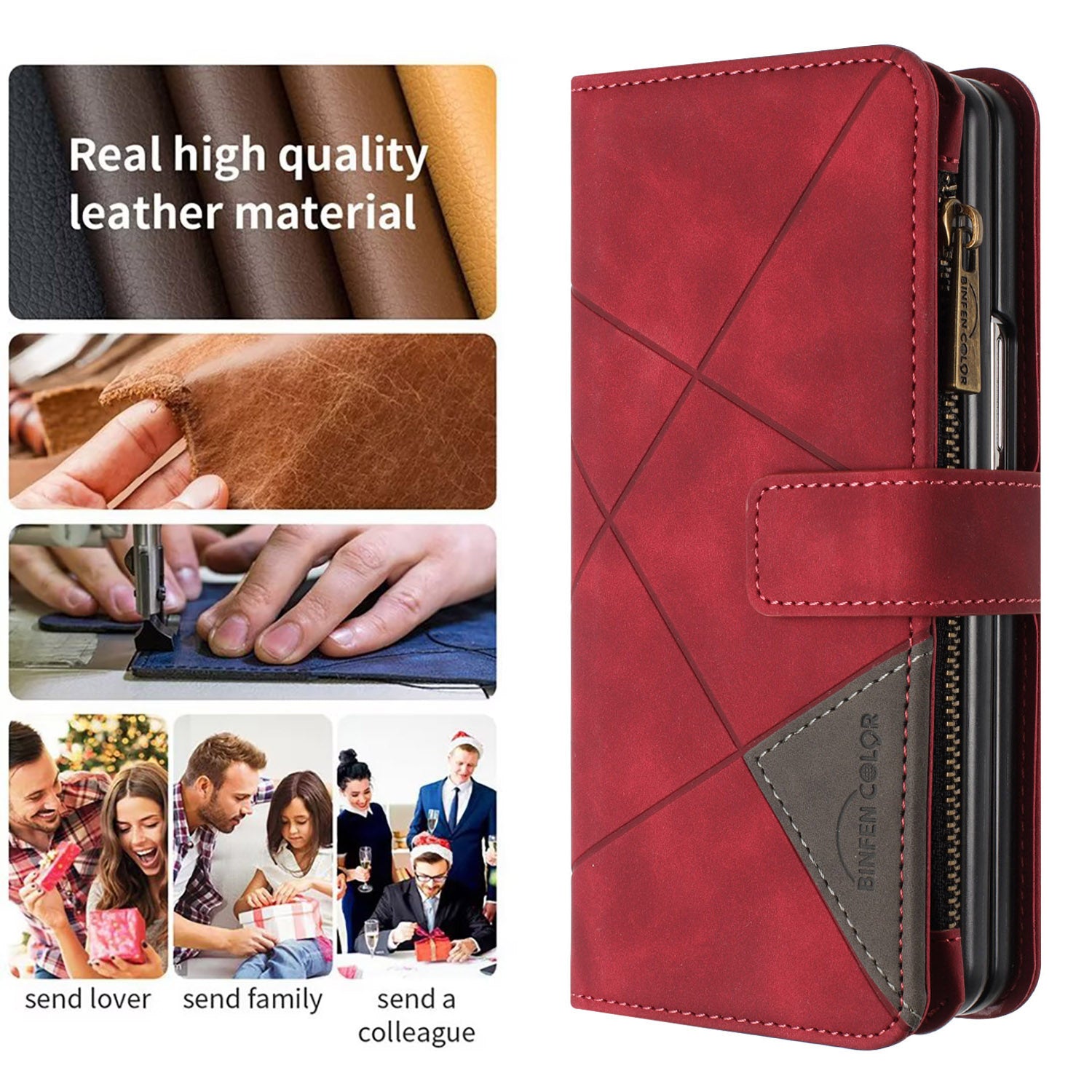 BINFEN COLOR For Samsung Galaxy Z Fold6 5G Case Zipper Pocket Wallet Leather Phone Cover - Red