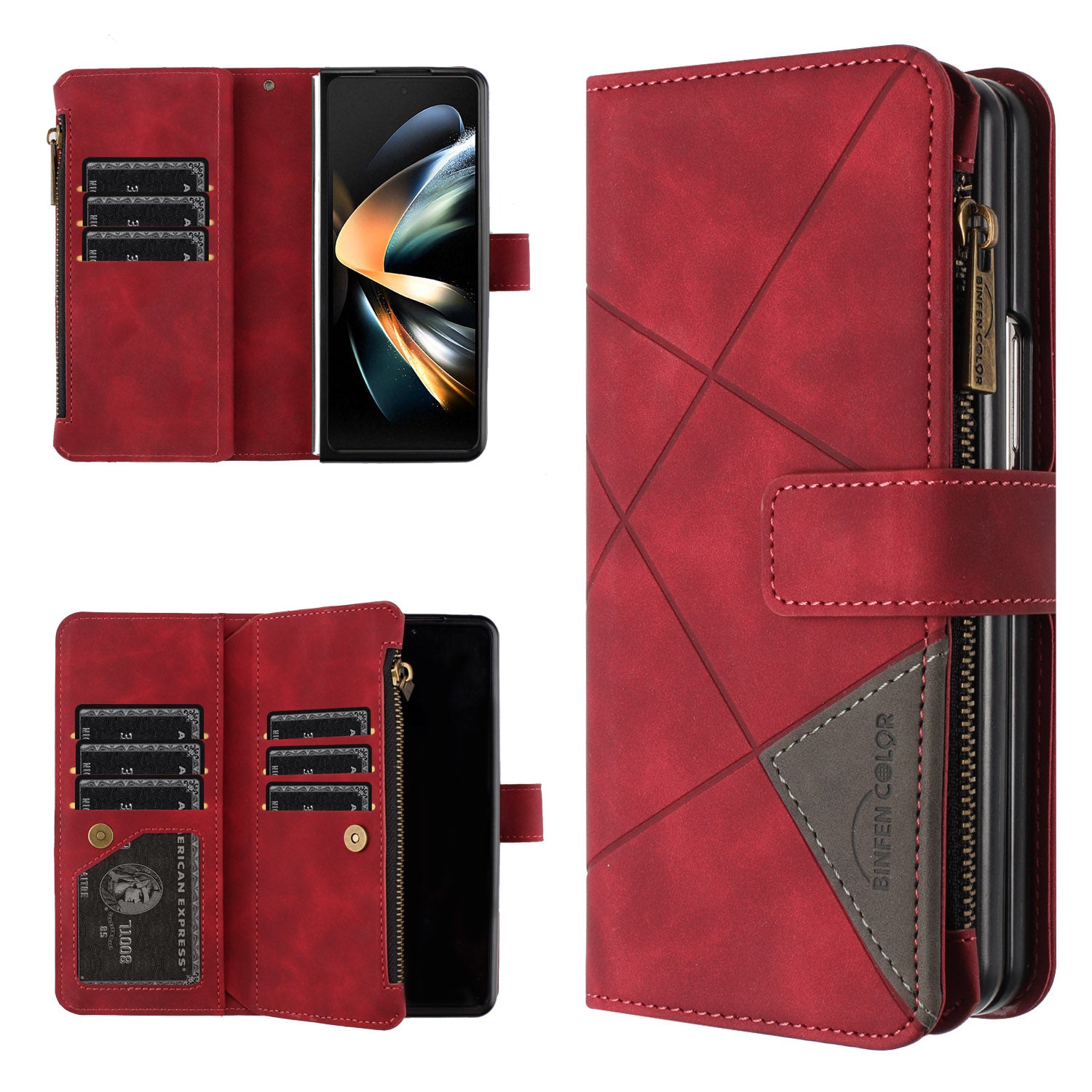 BINFEN COLOR For Samsung Galaxy Z Fold6 5G Case Zipper Pocket Wallet Leather Phone Cover - Red