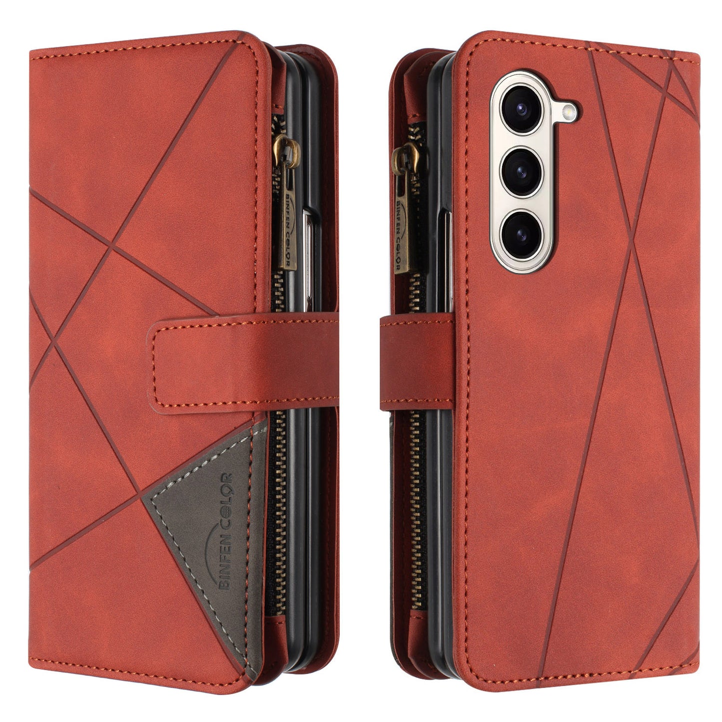 BINFEN COLOR For Samsung Galaxy Z Fold6 5G Case Zipper Pocket Wallet Leather Phone Cover - Brown