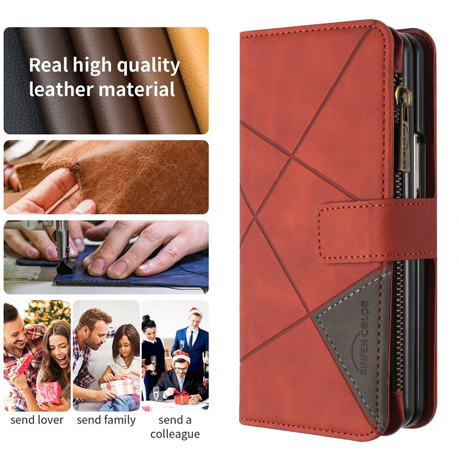 BINFEN COLOR For Samsung Galaxy Z Fold6 5G Case Zipper Pocket Wallet Leather Phone Cover - Brown