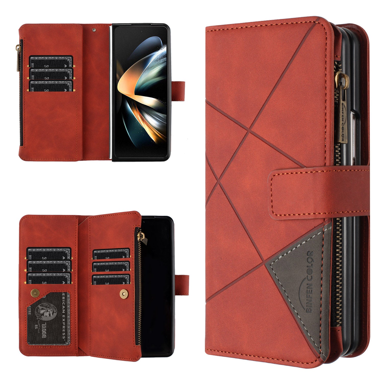 BINFEN COLOR For Samsung Galaxy Z Fold6 5G Case Zipper Pocket Wallet Leather Phone Cover - Brown