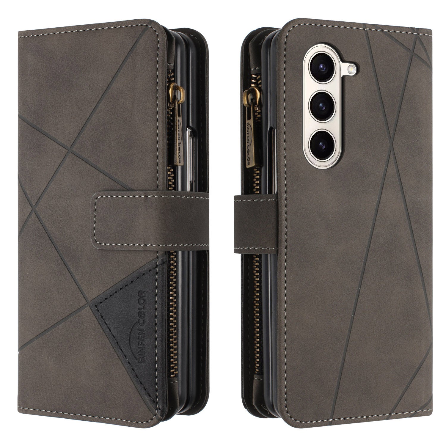 BINFEN COLOR For Samsung Galaxy Z Fold6 5G Case Zipper Pocket Wallet Leather Phone Cover - Grey