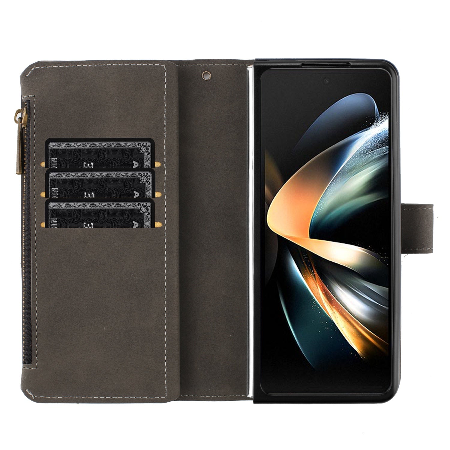 BINFEN COLOR For Samsung Galaxy Z Fold6 5G Case Zipper Pocket Wallet Leather Phone Cover - Grey