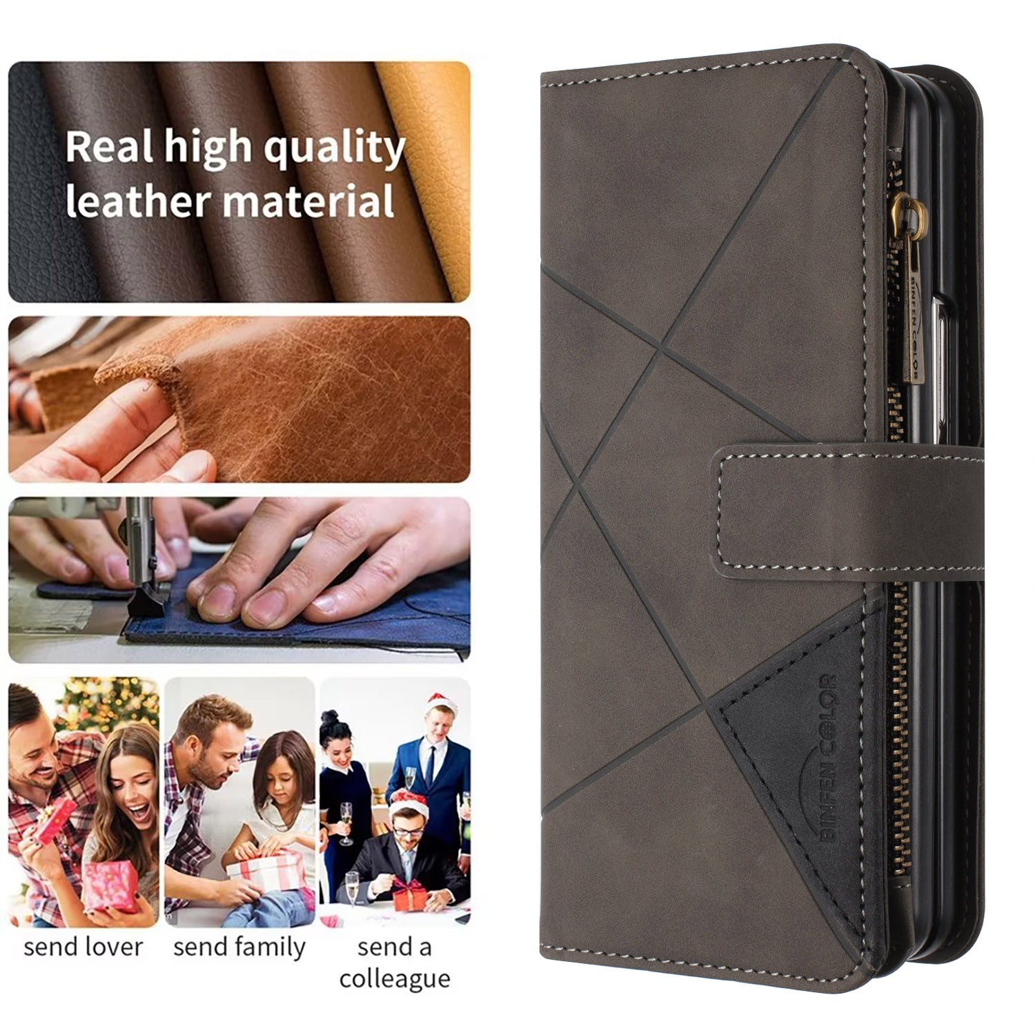 BINFEN COLOR For Samsung Galaxy Z Fold6 5G Case Zipper Pocket Wallet Leather Phone Cover - Grey