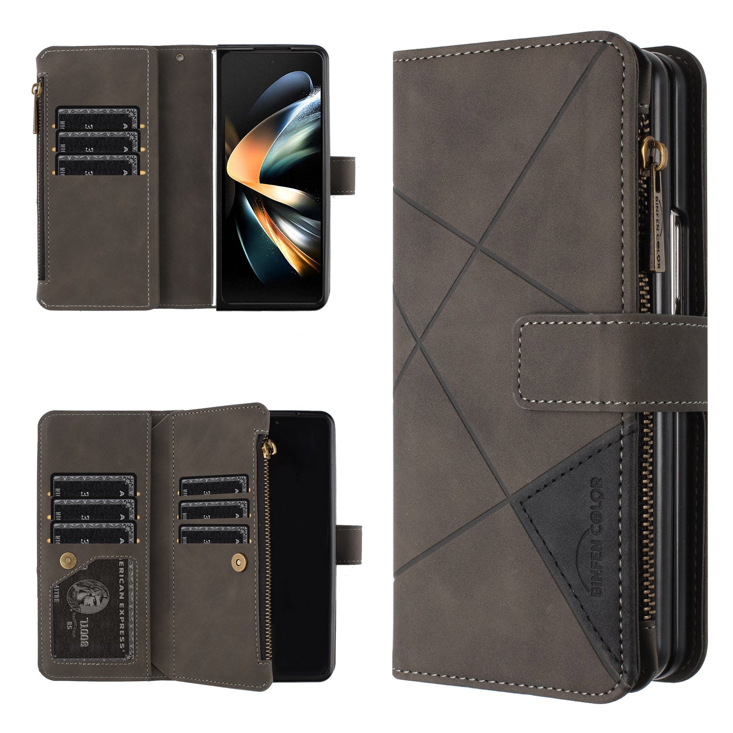 BINFEN COLOR For Samsung Galaxy Z Fold6 5G Case Zipper Pocket Wallet Leather Phone Cover - Grey