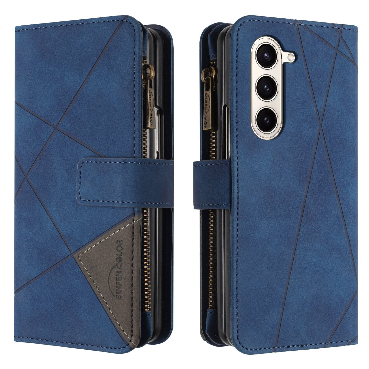 BINFEN COLOR For Samsung Galaxy Z Fold6 5G Case Zipper Pocket Wallet Leather Phone Cover - Blue