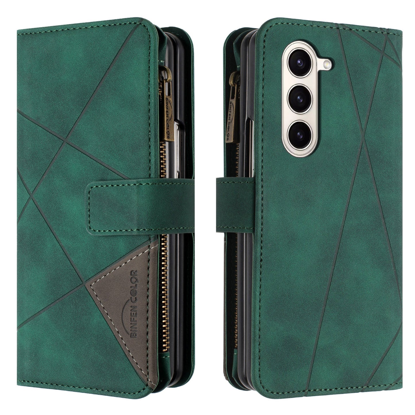 BINFEN COLOR For Samsung Galaxy Z Fold6 5G Case Zipper Pocket Wallet Leather Phone Cover - Green