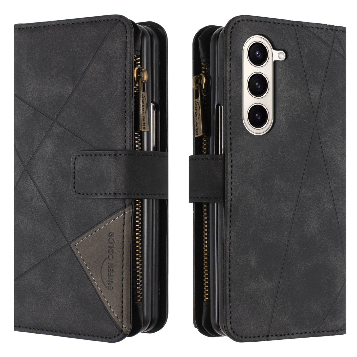 BINFEN COLOR For Samsung Galaxy Z Fold6 5G Case Zipper Pocket Wallet Leather Phone Cover - Black