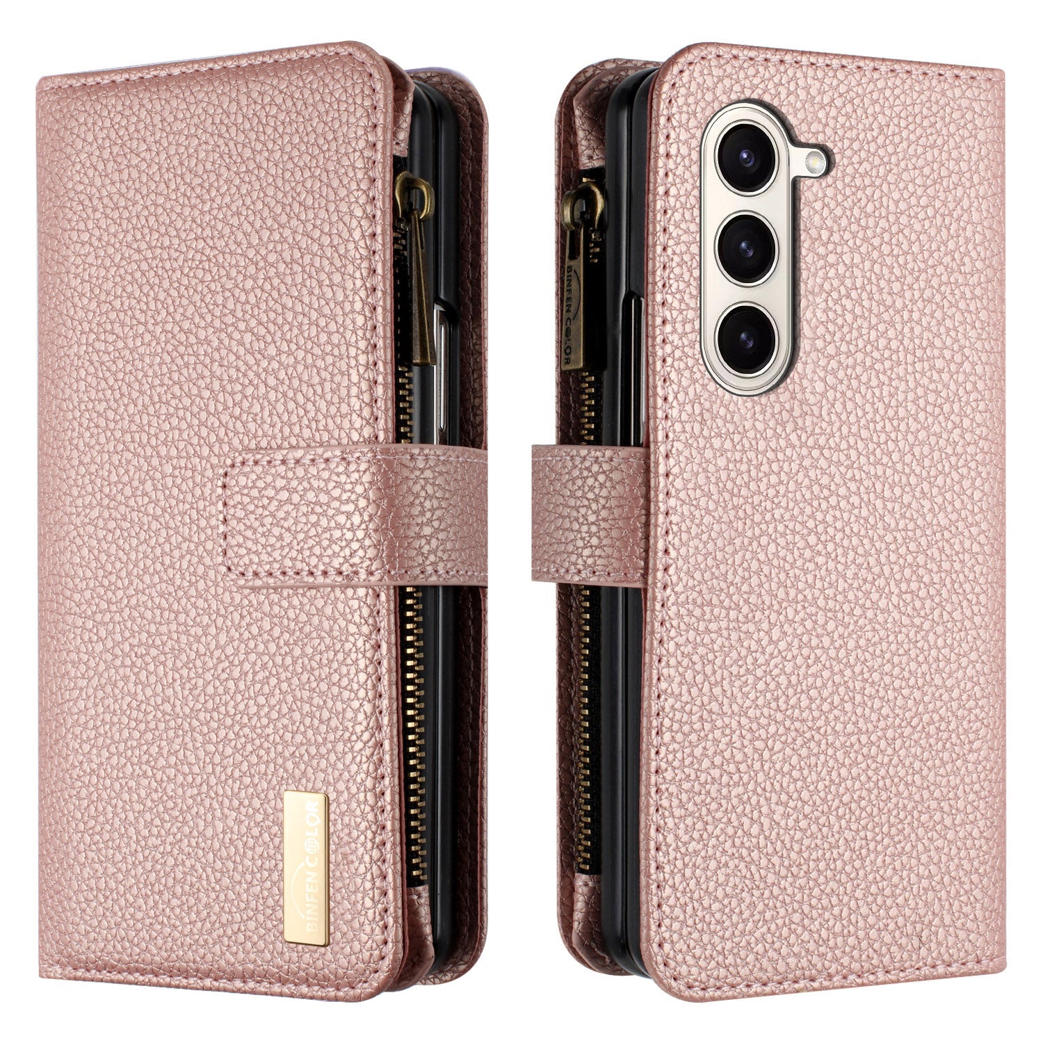 BINFEN COLOR For Samsung Galaxy Z Fold6 5G Case PU Leather Litchi Texture Zipper Phone Cover - Rose Gold