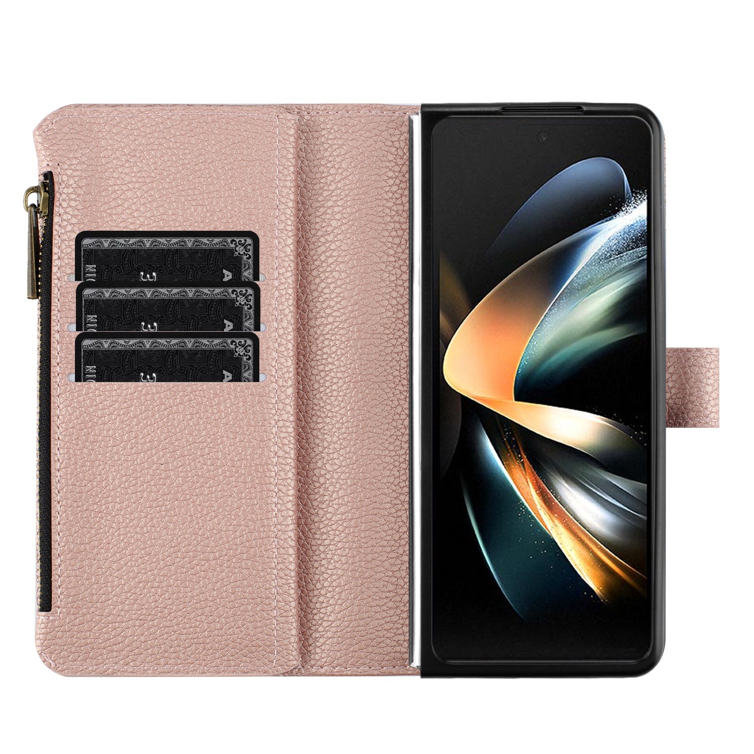 BINFEN COLOR For Samsung Galaxy Z Fold6 5G Case PU Leather Litchi Texture Zipper Phone Cover - Rose Gold