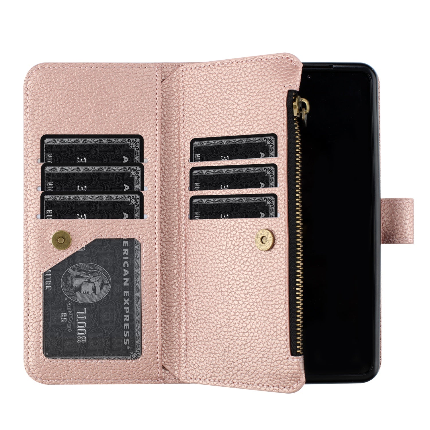 BINFEN COLOR For Samsung Galaxy Z Fold6 5G Case PU Leather Litchi Texture Zipper Phone Cover - Rose Gold
