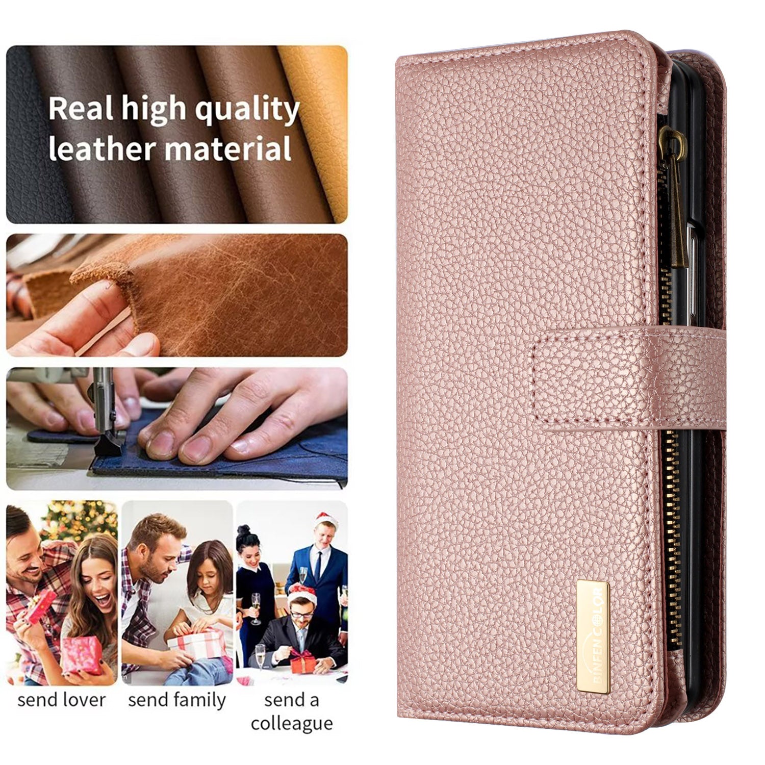 BINFEN COLOR For Samsung Galaxy Z Fold6 5G Case PU Leather Litchi Texture Zipper Phone Cover - Rose Gold