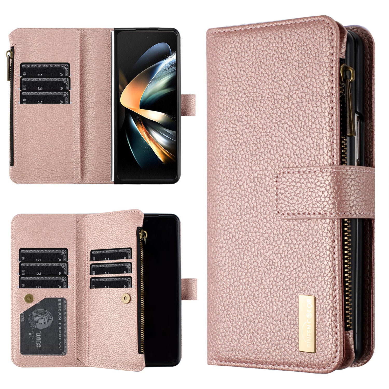 BINFEN COLOR For Samsung Galaxy Z Fold6 5G Case PU Leather Litchi Texture Zipper Phone Cover - Rose Gold