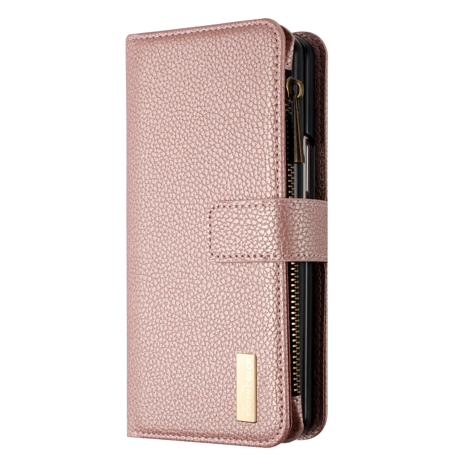 BINFEN COLOR For Samsung Galaxy Z Fold6 5G Case PU Leather Litchi Texture Zipper Phone Cover - Rose Gold