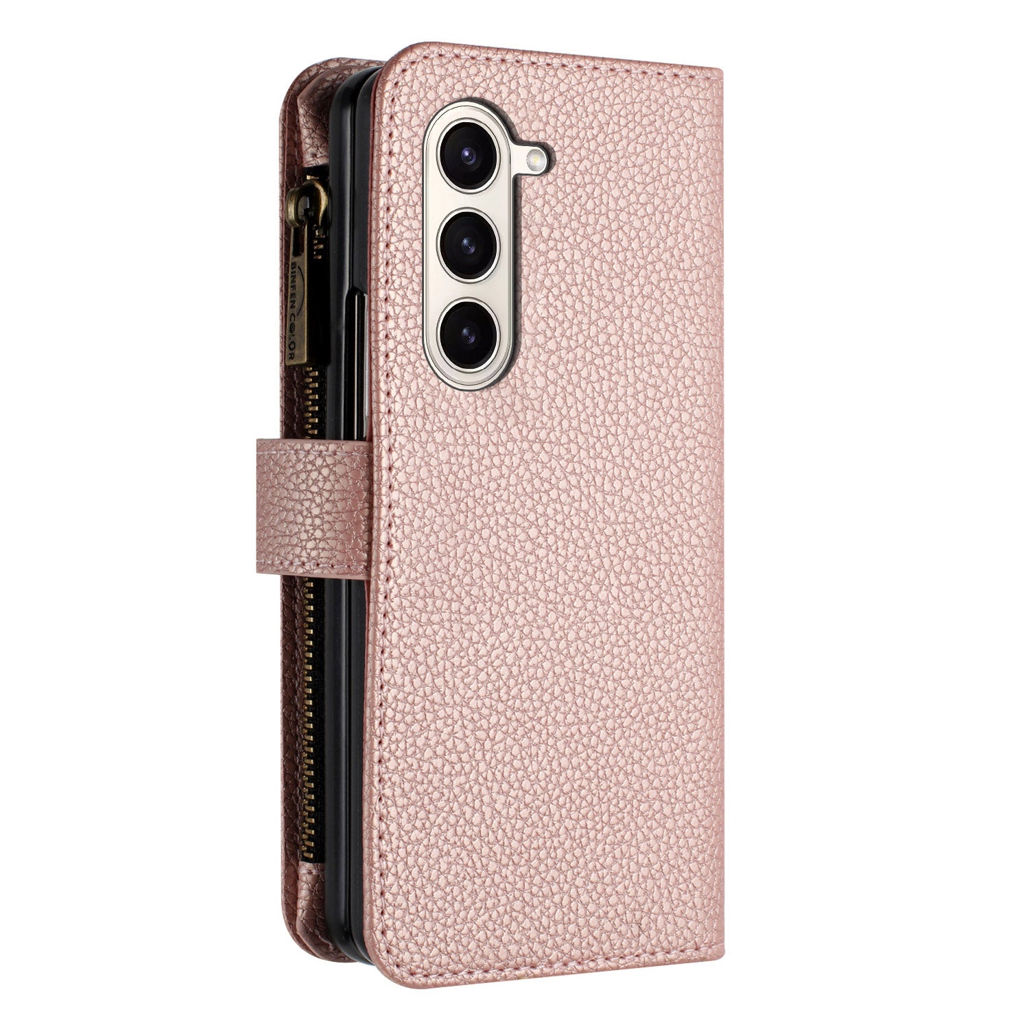 BINFEN COLOR For Samsung Galaxy Z Fold6 5G Case PU Leather Litchi Texture Zipper Phone Cover - Rose Gold