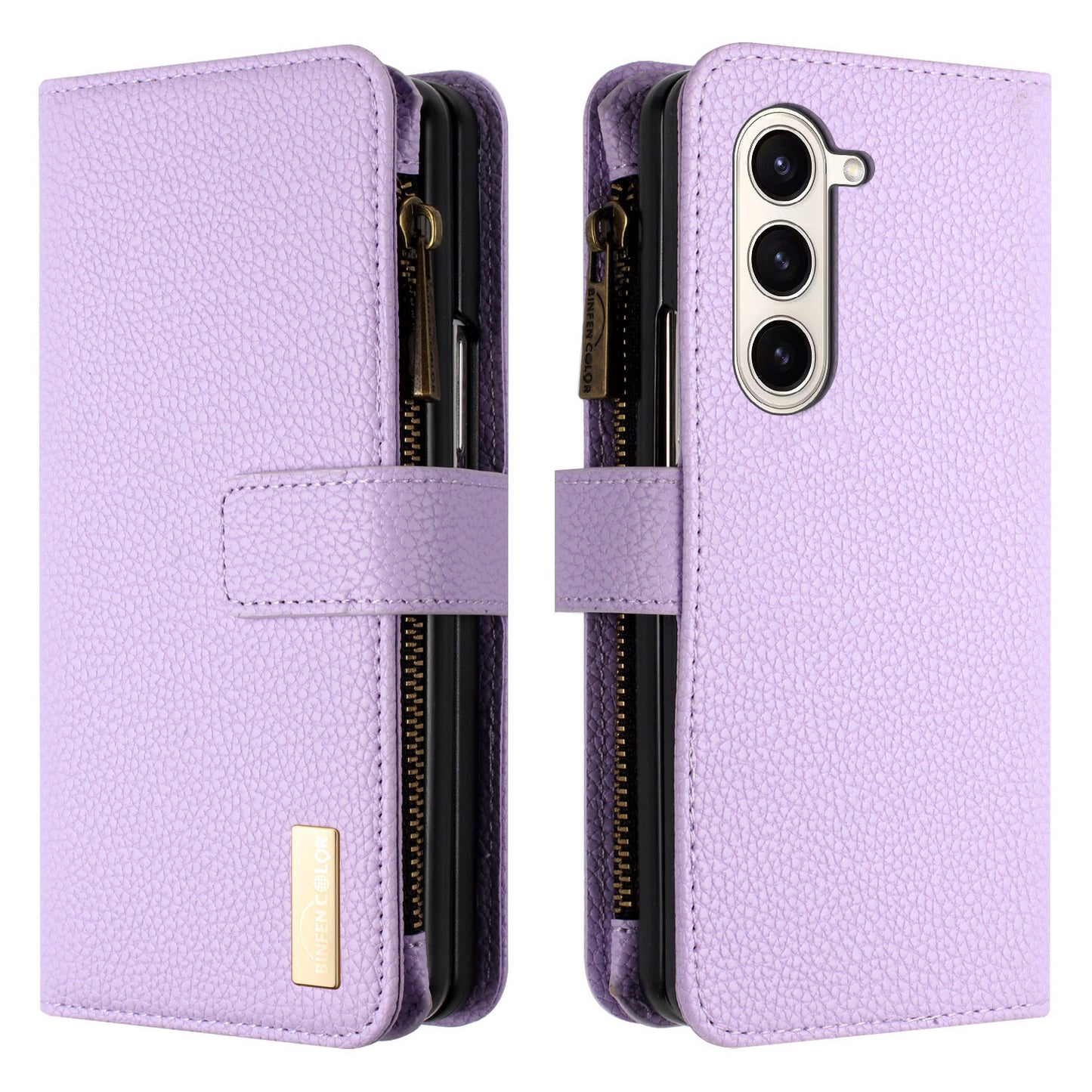 BINFEN COLOR For Samsung Galaxy Z Fold6 5G Case PU Leather Litchi Texture Zipper Phone Cover - Purple
