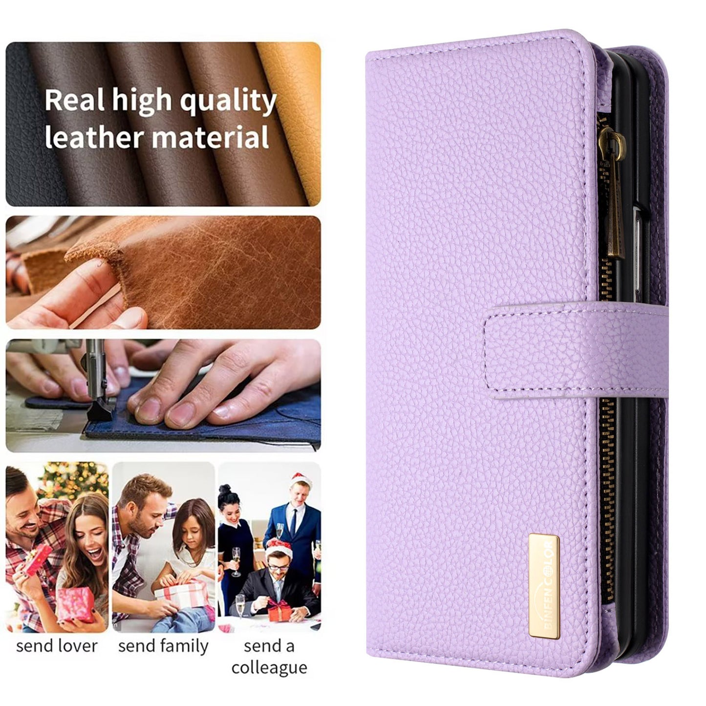 BINFEN COLOR For Samsung Galaxy Z Fold6 5G Case PU Leather Litchi Texture Zipper Phone Cover - Purple