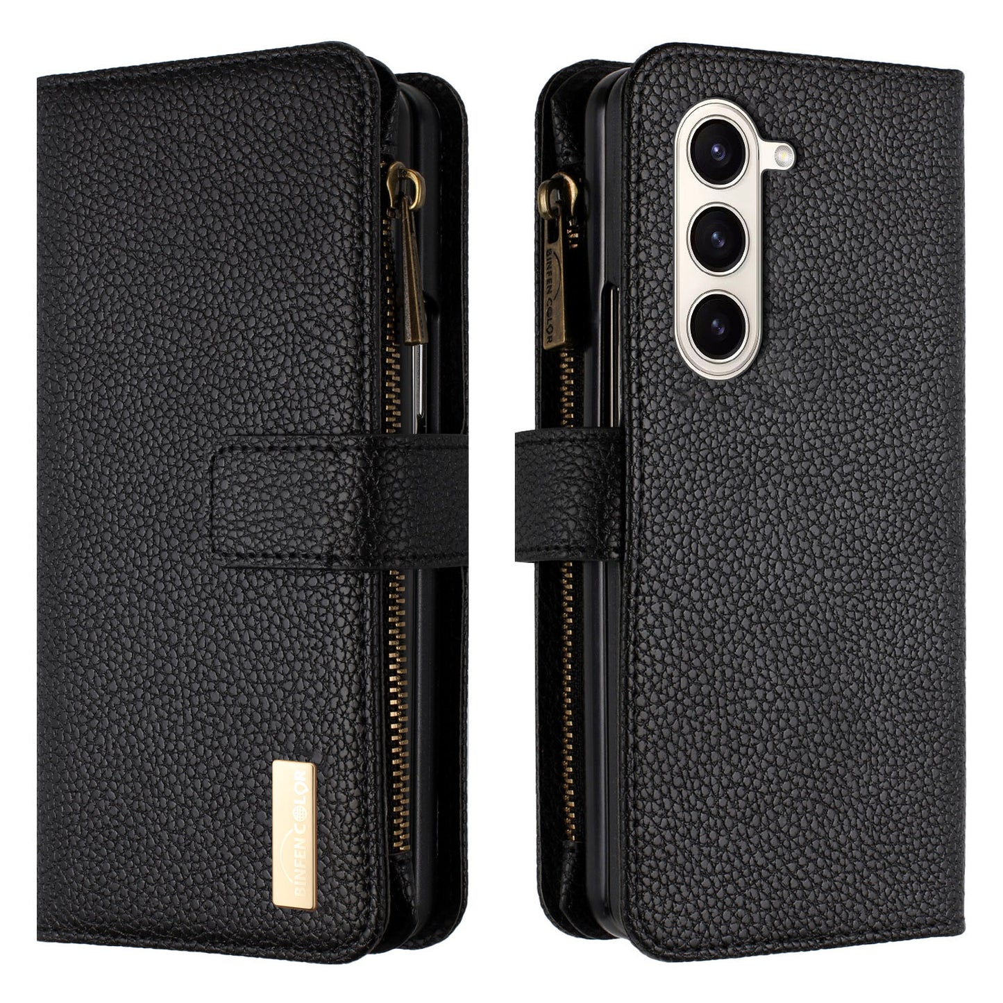BINFEN COLOR For Samsung Galaxy Z Fold6 5G Case PU Leather Litchi Texture Zipper Phone Cover - Black