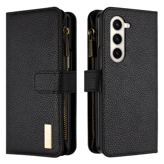 BINFEN COLOR For Samsung Galaxy Z Fold6 5G Case PU Leather Litchi Texture Zipper Phone Cover - Black
