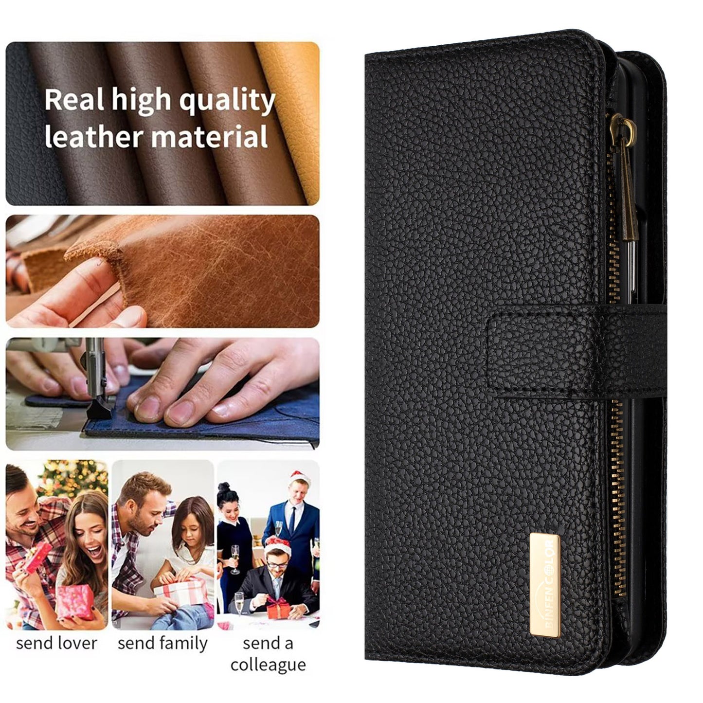 BINFEN COLOR For Samsung Galaxy Z Fold6 5G Case PU Leather Litchi Texture Zipper Phone Cover - Black