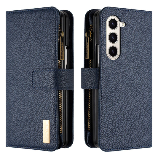 BINFEN COLOR For Samsung Galaxy Z Fold6 5G Case PU Leather Litchi Texture Zipper Phone Cover - Blue