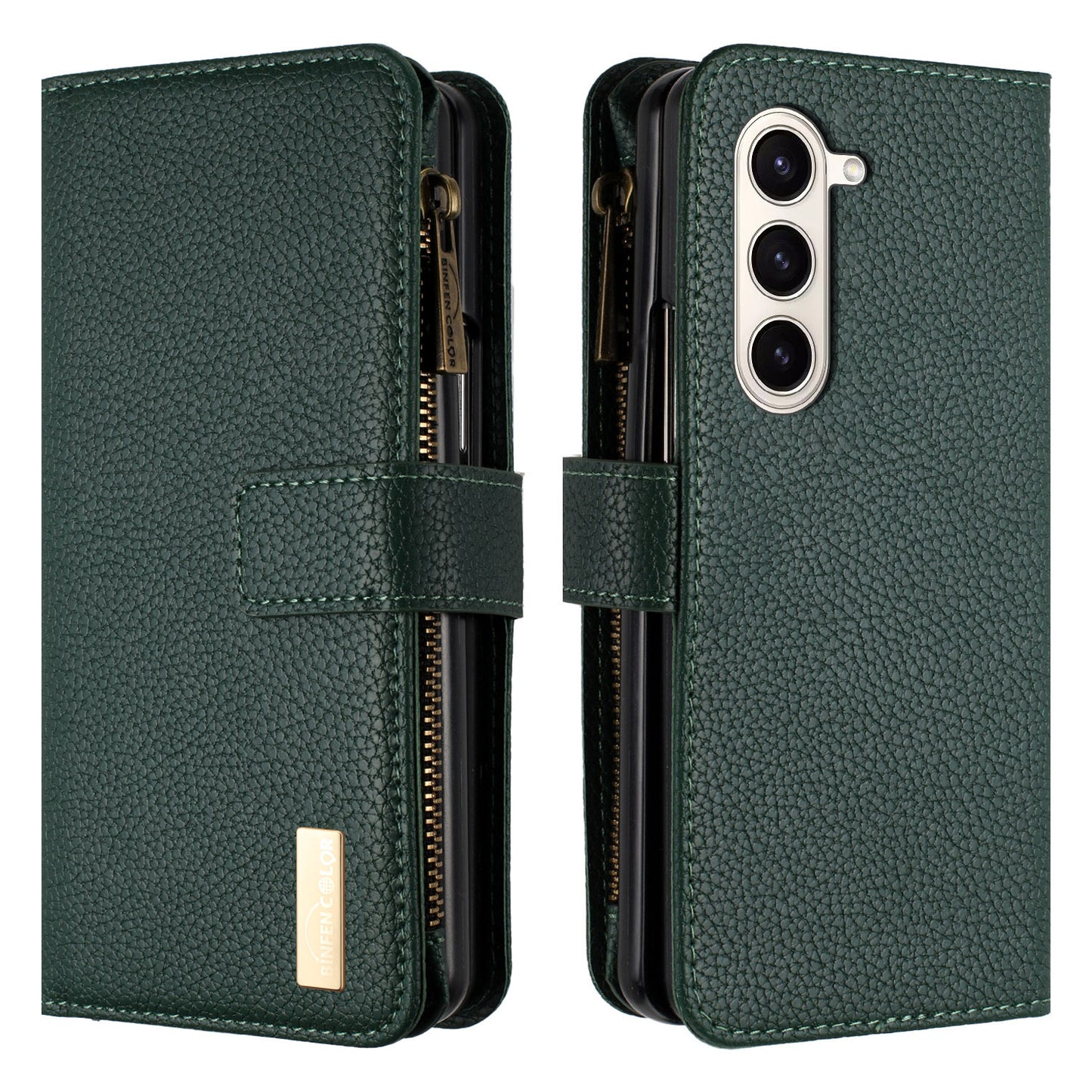 BINFEN COLOR For Samsung Galaxy Z Fold6 5G Case PU Leather Litchi Texture Zipper Phone Cover - Green