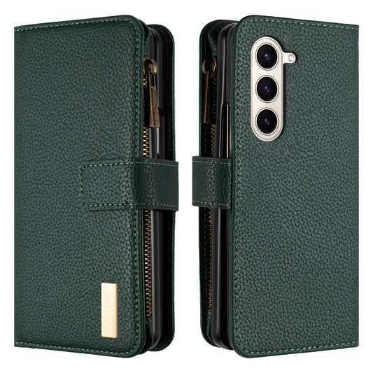 BINFEN COLOR For Samsung Galaxy Z Fold6 5G Case PU Leather Litchi Texture Zipper Phone Cover - Green