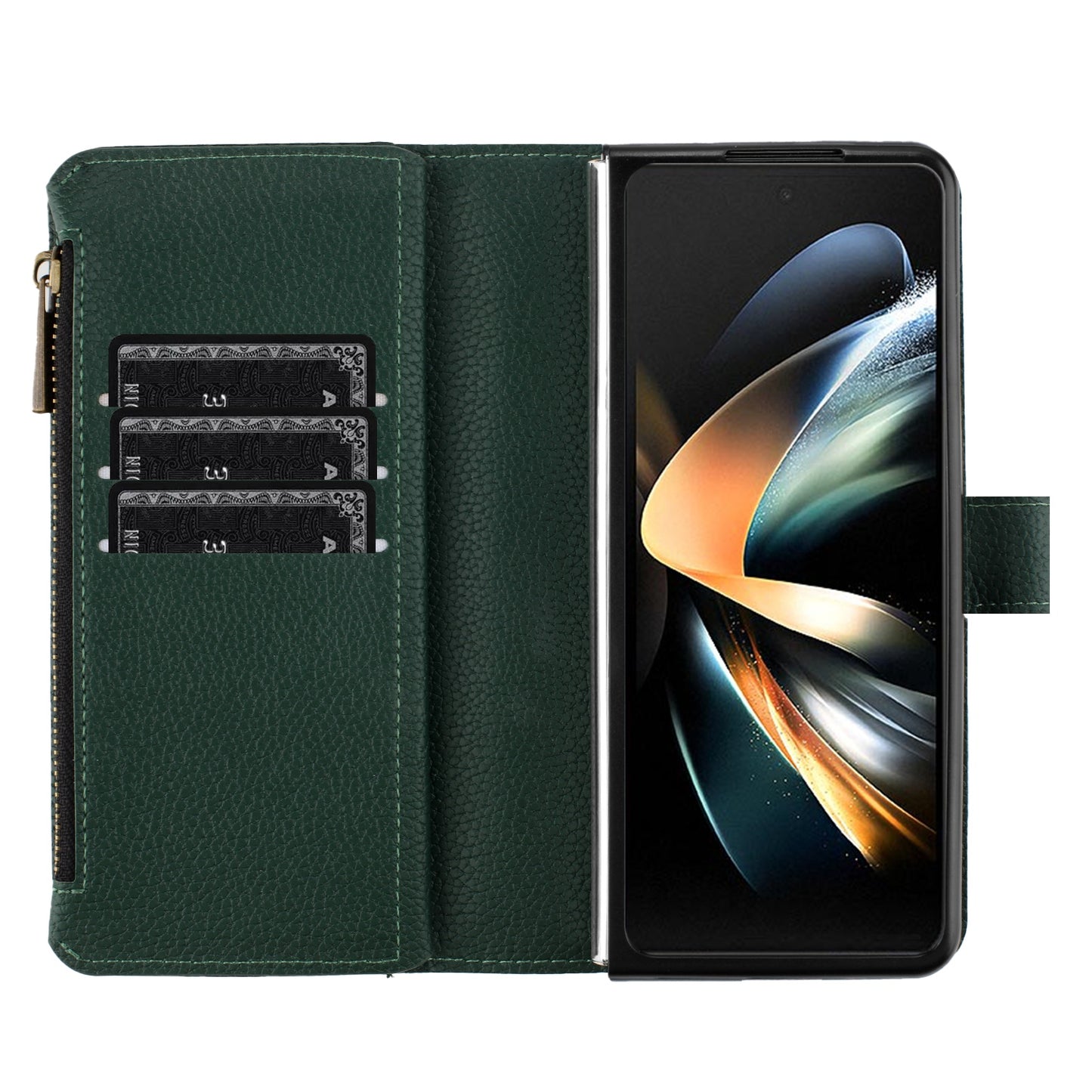 BINFEN COLOR For Samsung Galaxy Z Fold6 5G Case PU Leather Litchi Texture Zipper Phone Cover - Green
