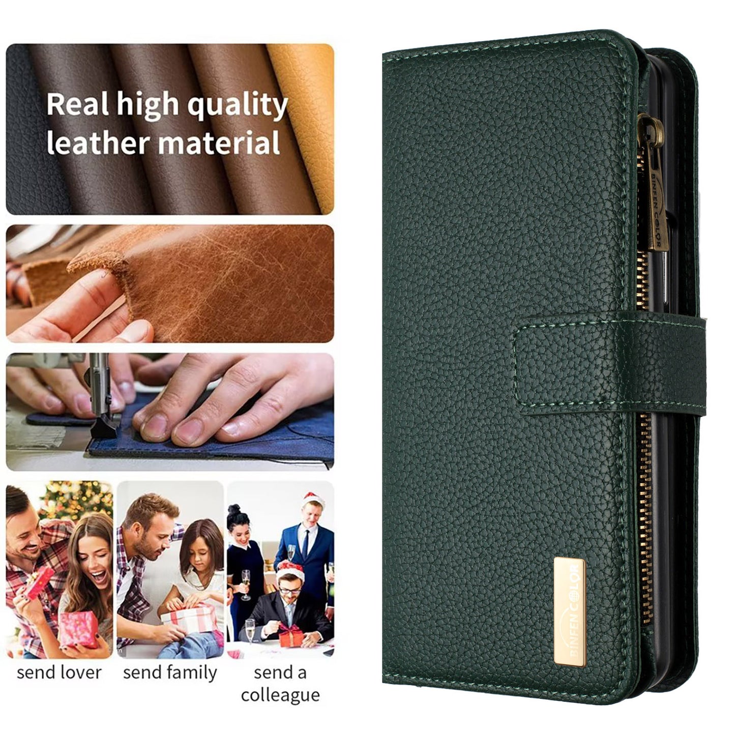 BINFEN COLOR For Samsung Galaxy Z Fold6 5G Case PU Leather Litchi Texture Zipper Phone Cover - Green