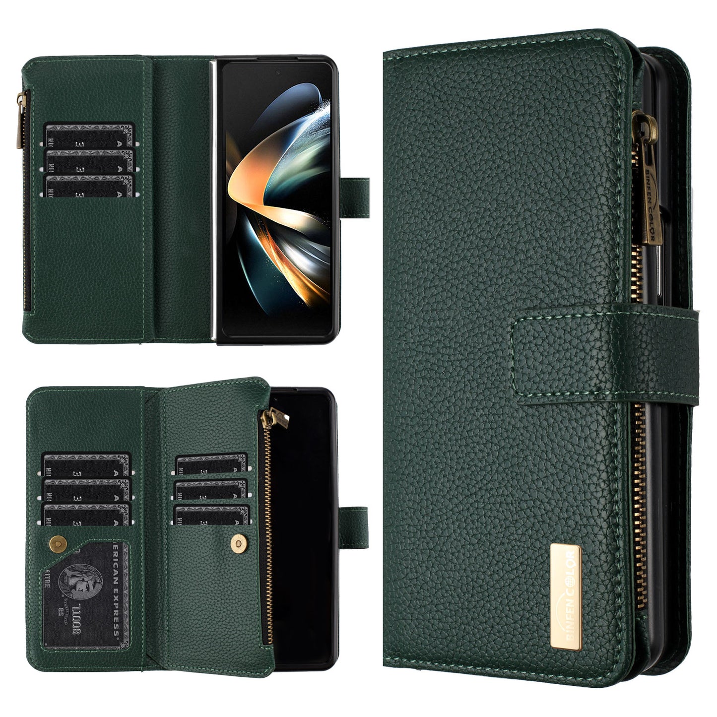 BINFEN COLOR For Samsung Galaxy Z Fold6 5G Case PU Leather Litchi Texture Zipper Phone Cover - Green