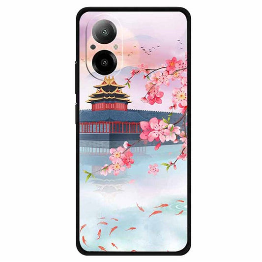 For Realme C67 4G Case Soft TPU Phone Cover Ethnic Pattern Printing - Ancient Tower Plays with Fish