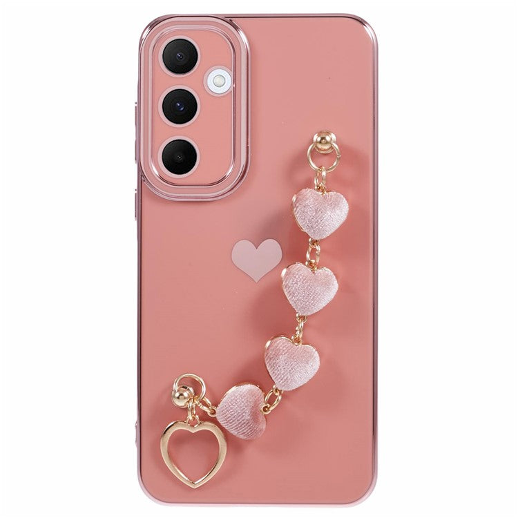 For Samsung Galaxy A14 5G / 4G Phone Case Electroplating Soft TPU Back Cover with Heart Chain Strap - Pink