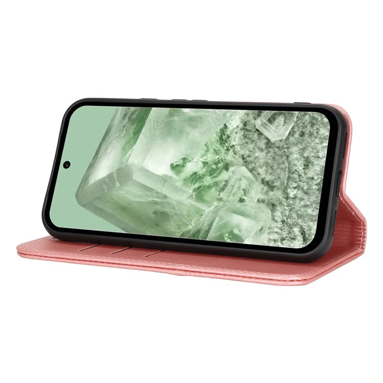 For Google Pixel 8a Case PU Leather Calf Textured Magnetic Closing Smart Phone Cover - Rose Gold