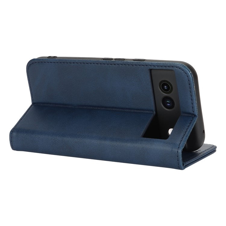 For Google Pixel 8a Case PU Leather Calf Textured Magnetic Closing Smart Phone Cover - Dark Blue