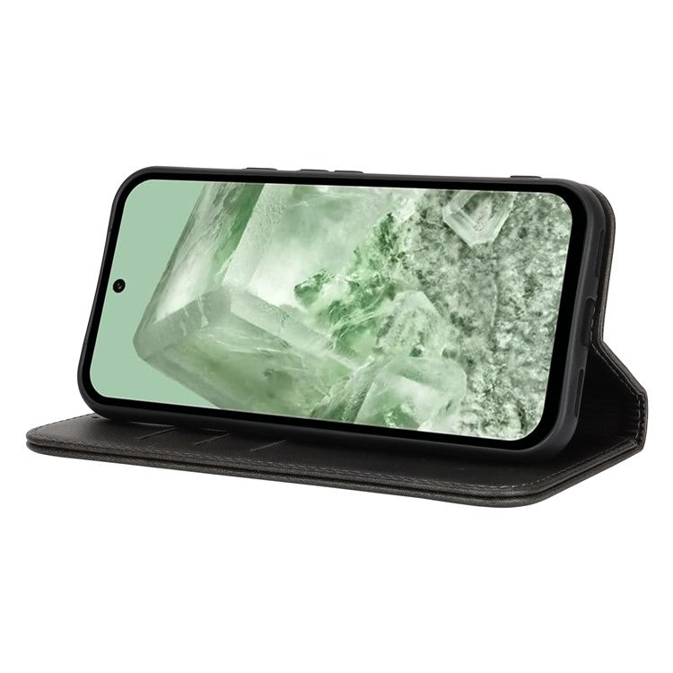 For Google Pixel 8a Case PU Leather Calf Textured Magnetic Closing Smart Phone Cover - Black
