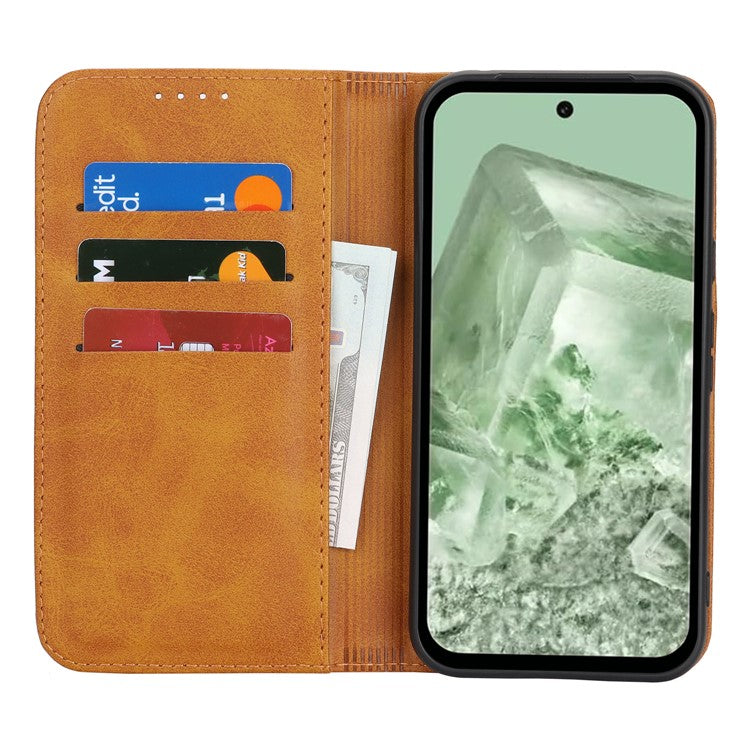 For Google Pixel 8a Case PU Leather Calf Textured Magnetic Closing Smart Phone Cover - Light Brown