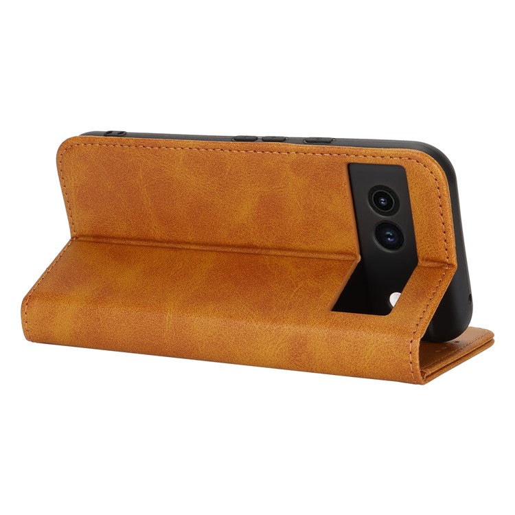 For Google Pixel 8a Case PU Leather Calf Textured Magnetic Closing Smart Phone Cover - Light Brown