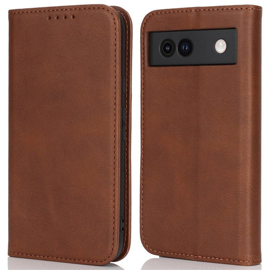 For Google Pixel 8a Case PU Leather Calf Textured Magnetic Closing Smart Phone Cover - Dark Brown