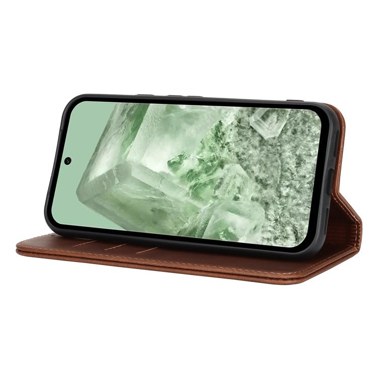 For Google Pixel 8a Case PU Leather Calf Textured Magnetic Closing Smart Phone Cover - Dark Brown