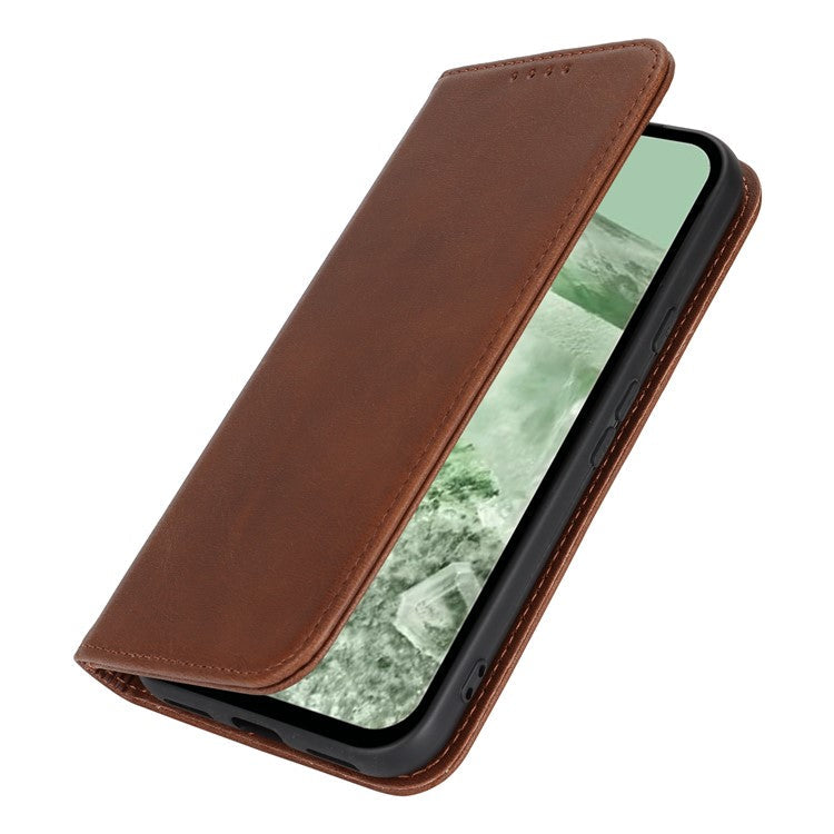 For Google Pixel 8a Case PU Leather Calf Textured Magnetic Closing Smart Phone Cover - Dark Brown