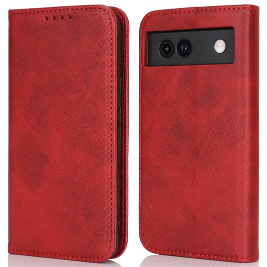 For Google Pixel 8a Case PU Leather Calf Textured Magnetic Closing Smart Phone Cover - Red
