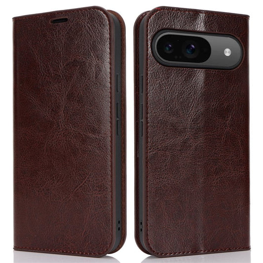 For Google Pixel 9 / 9 Pro Case Crazy Horse Texture Split Leather Wallet Phone Cover - Dark Brown