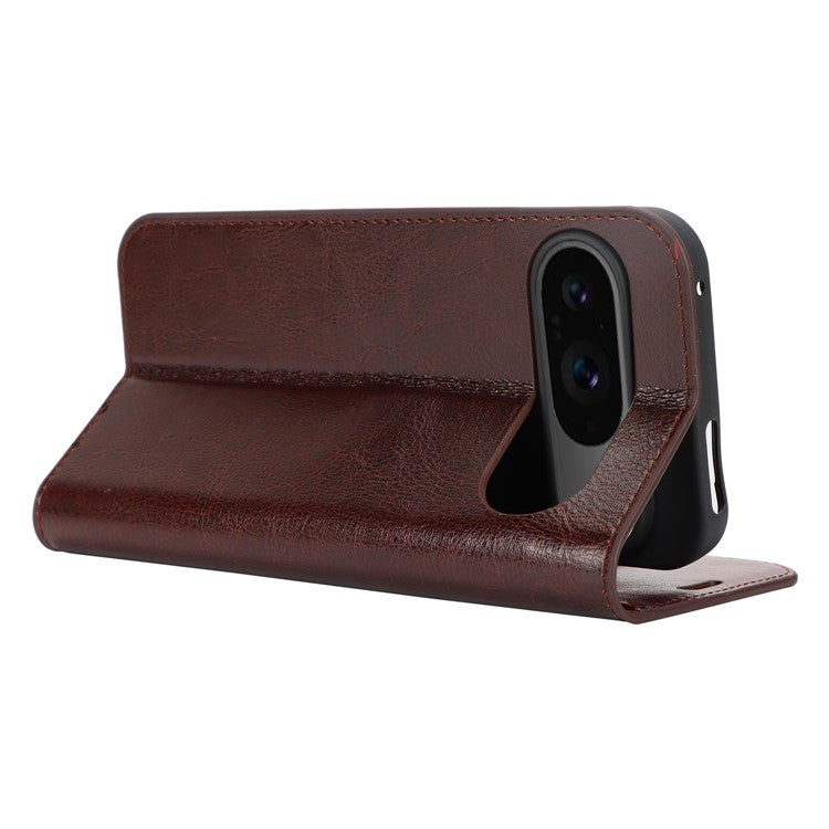 For Google Pixel 9 / 9 Pro Case Crazy Horse Texture Split Leather Wallet Phone Cover - Dark Brown