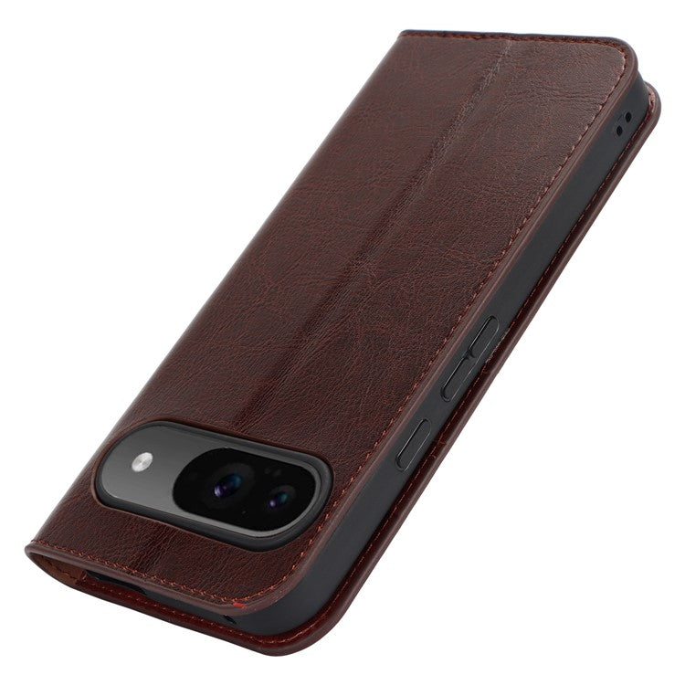 For Google Pixel 9 / 9 Pro Case Crazy Horse Texture Split Leather Wallet Phone Cover - Dark Brown