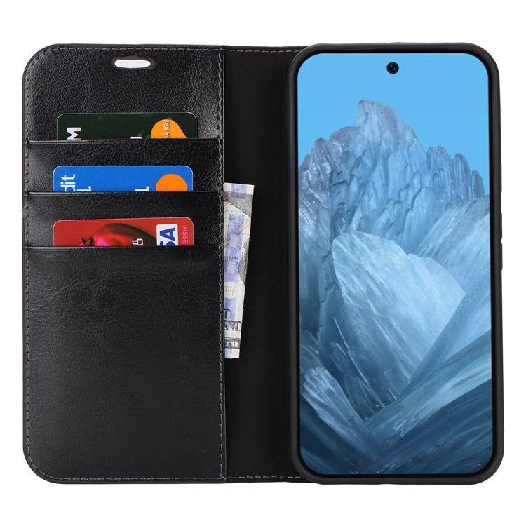 For Google Pixel 9 Pro XL Case Crazy Horse Texture Split Leather Wallet Phone Cover - Black
