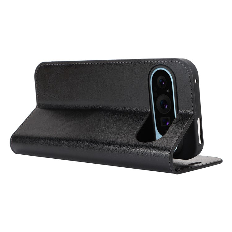 For Google Pixel 9 Pro XL Case Crazy Horse Texture Split Leather Wallet Phone Cover - Black