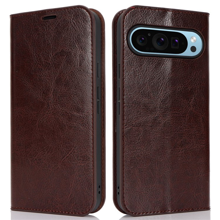 For Google Pixel 9 Pro XL Case Crazy Horse Texture Split Leather Wallet Phone Cover - Dark Brown