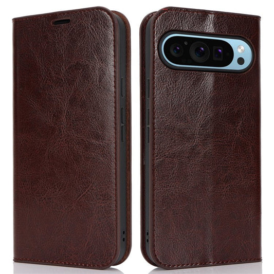 For Google Pixel 9 Pro XL Case Crazy Horse Texture Split Leather Wallet Phone Cover - Dark Brown