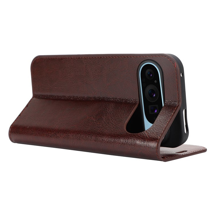 For Google Pixel 9 Pro XL Case Crazy Horse Texture Split Leather Wallet Phone Cover - Dark Brown